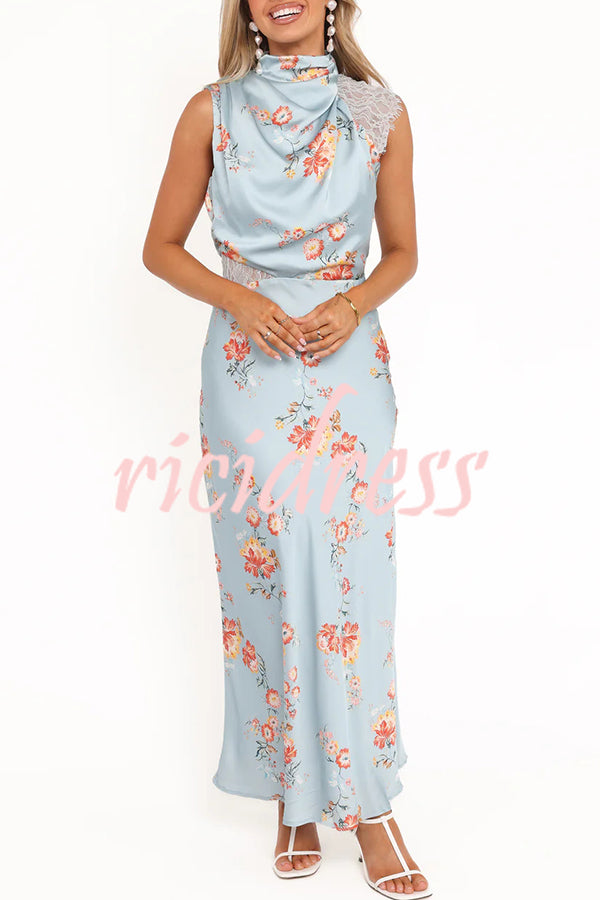 Anabelle Satin Lace Detail Floral Print High Cowl Neck Maxi Dress