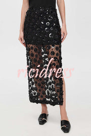 Gorgeous Flower Embellished Sequin Sheer High Rise Slit Midi Skirt