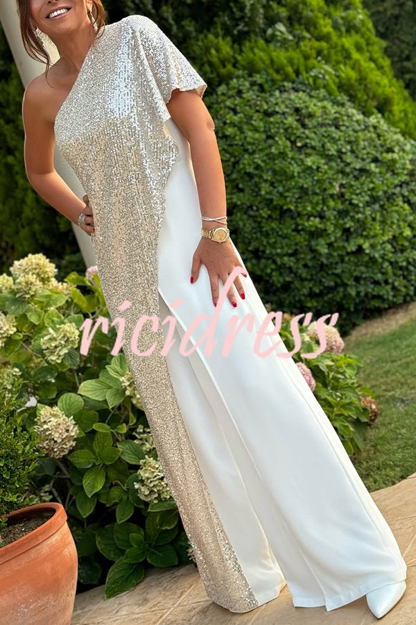 Party Favors Sequin One Shoulder Ruffle Detail Wide Leg Evening Jumpsuit