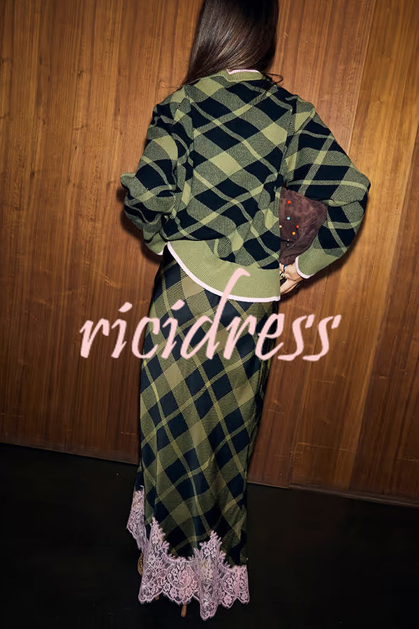 Holiday Plaid Knit Color-blocked Trim Button Long-sleeved Loose Cardigan