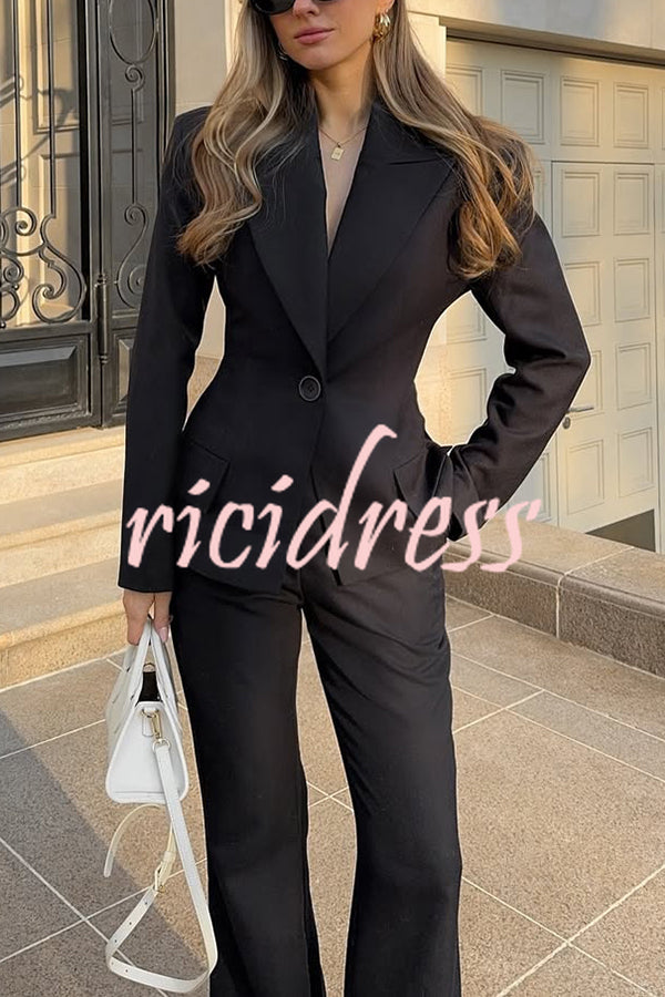 Solid Color Long-sleeved Single-button Blazer and Pocket Casual Flared Pants Set