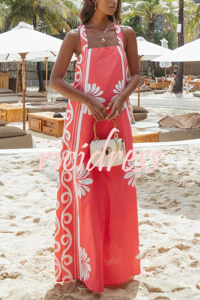 Unique Print Square Neck Open Back Tie Bow Holiday Maxi Dress
