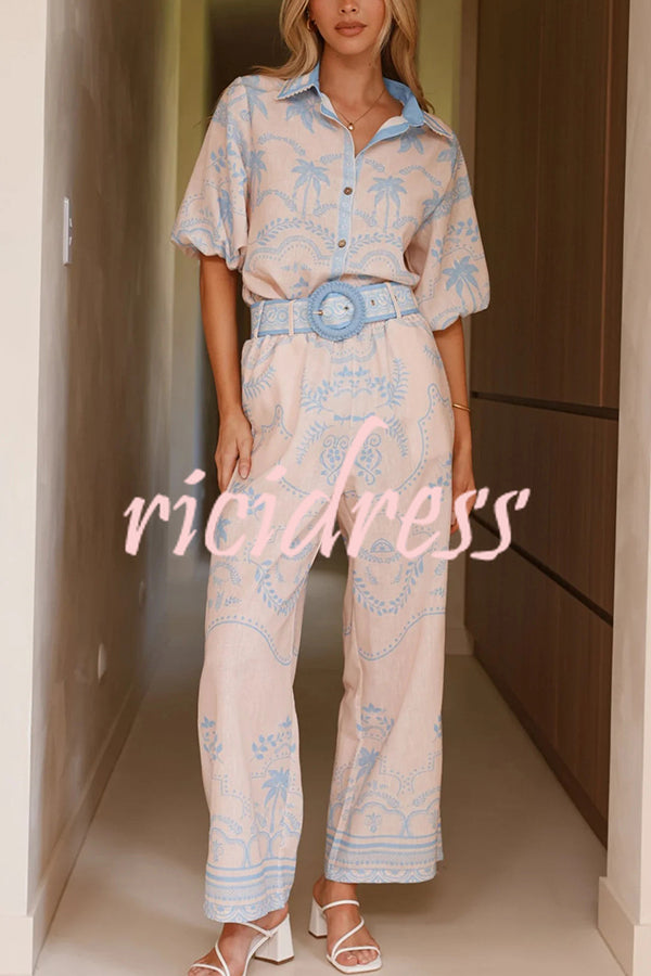 Linen Blend Lapel Puff Sleeve Loose Shirt and Casual Pocket Straight Pants Set