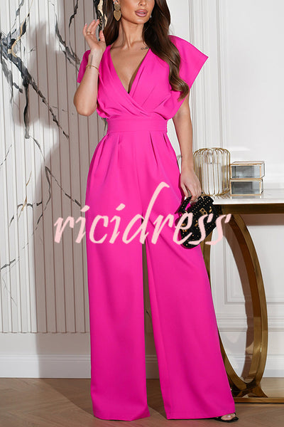 Solid Color V-neck Waist Casual Wide-leg Jumpsuit