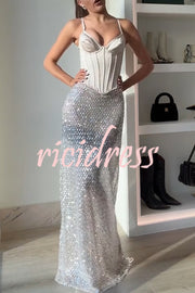 The Great Gatsby Embellished Sequin Mid Rise Flare Maxi Skirt