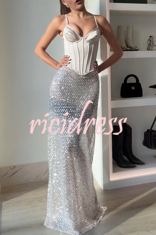 The Great Gatsby Embellished Sequin Mid Rise Flare Maxi Skirt