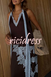 Sunday Social Contrast Color Satin Lace Trim Neck Strap Loose Tank