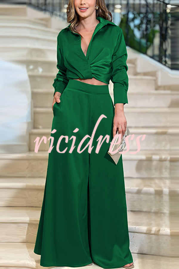 Satin Solid Color Lapel Long Sleeve Blouse and Loose-fitting Pocket Wide Leg Pants Set