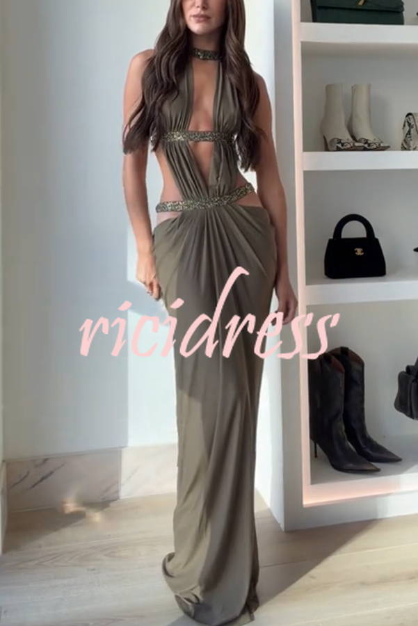 Khaki Hot-fix Rhinestone Shoulder Strap Cutout Design Backless Drape Maxi Dress