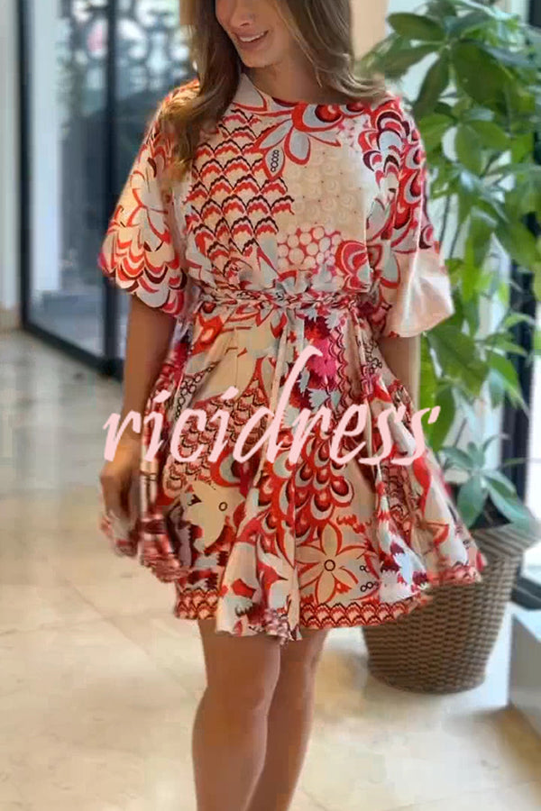 Unique Printed Round Neck Short Sleeve Waist Tie Vacation Mini Dress
