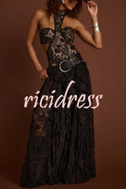 A Girls' Trip Lace High Neck Cutout Drop Waist Ruffles Maxi Dress