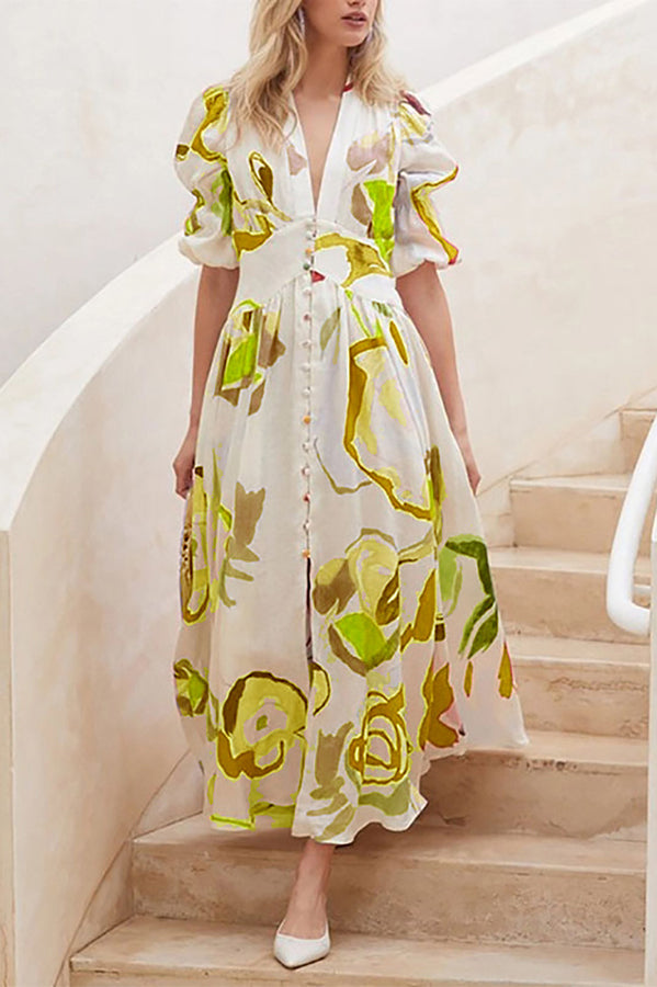 Lover's Gaze Watercolor Floral Printed Puff Sleeve Button Maxi Dress
