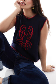 Marine Life Pattern Crew Neck Sleeveless Knit Tank Top