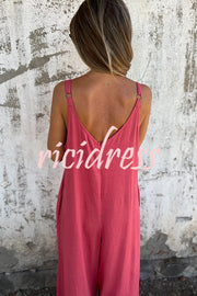 Linen Blend Solid Color Suspenders Loose Pockets Casual Wide-leg Jumpsuit