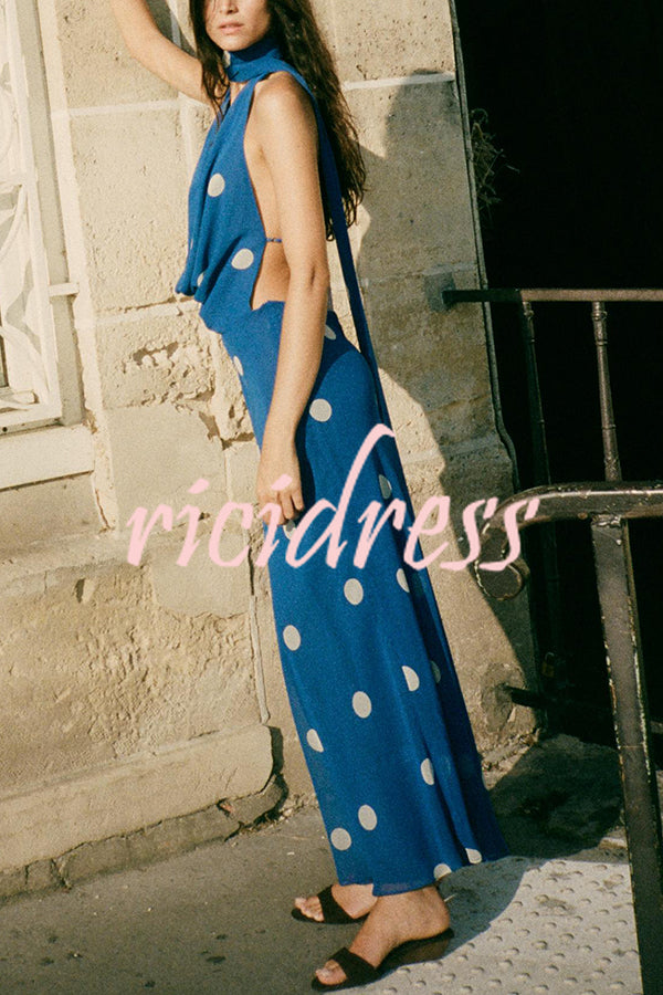 Fashion Polka Dot Print Sexy Halter Neck Backless Maxi Dress
