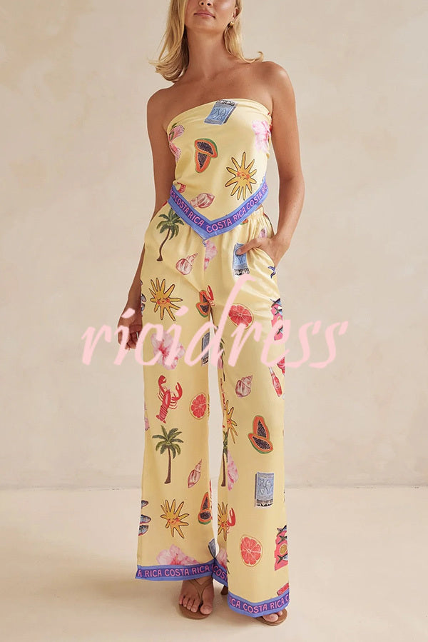 Linen Blend Unique Printed Bandeau Top and Elastic Waist Pocket Pants Set