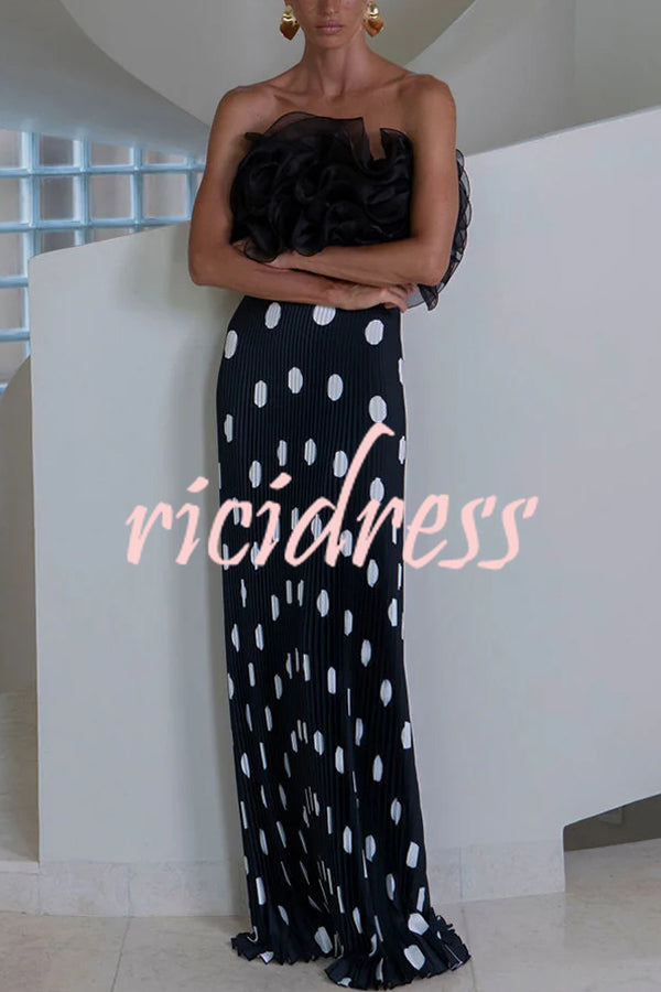 Eye-catching Satin Pleated Poka Dot Print High Rise Drape Maxi Skirt