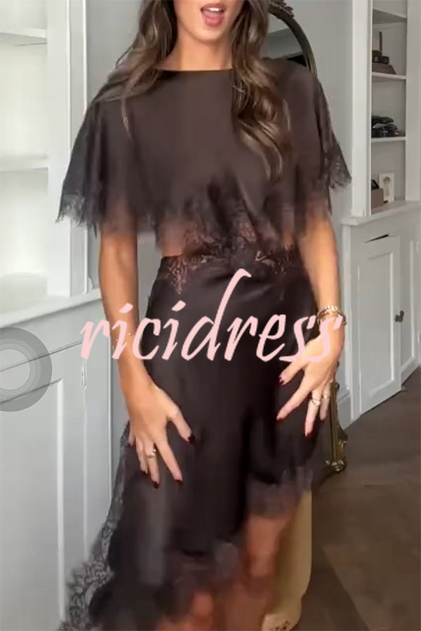 Jessica Satin Lace Trim Cape Sleeves Cutout Waist Asymmetrical Hem Midi Dress