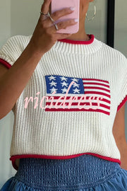 Independence Day Casual Crew Neck Short Sleeve Knit Sweater