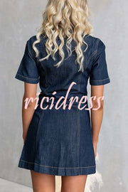 Street Chic Denim Shirt Neck Front Zip-up Stretch Mini Dress