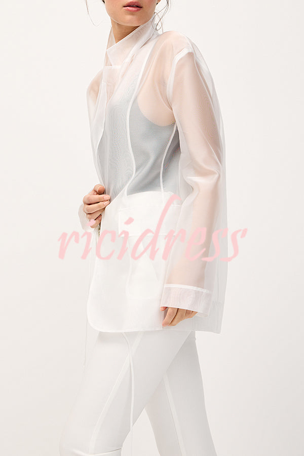 Simple and Light See-through Fabric Tie-up Long Sleeve Pocket Lapel Blazer
