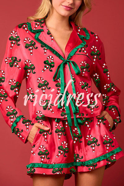 Christmas Holiday Print Bow Tie Long Sleeve and Elastic Waist Loose Shorts Set