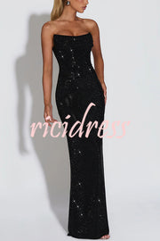 Mirabella Sequin Pleated Cowl Scooped Neckline Back Lace-up Strapless Maxi Dress