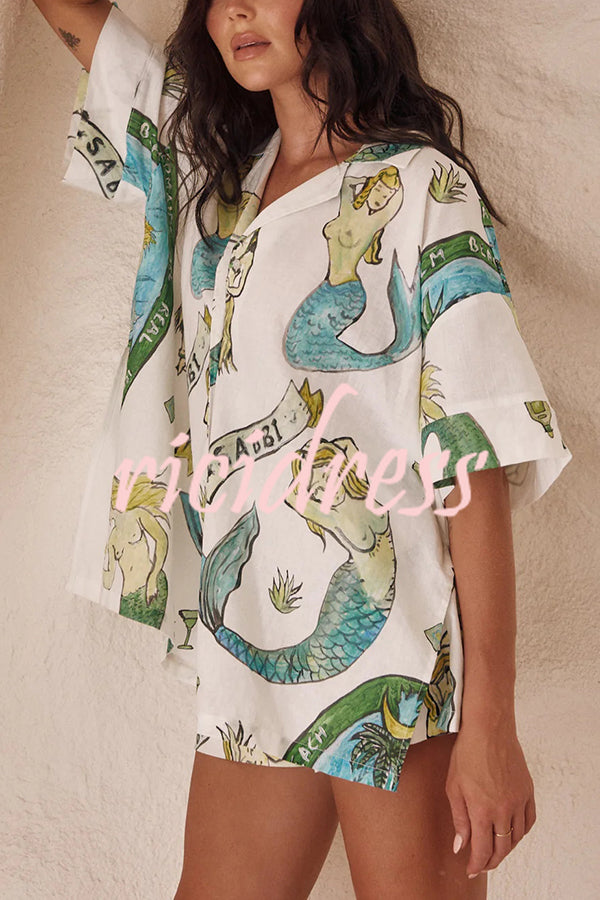 Linen Blend Mermaid Print Shirt Top and Elastic Waisted Loose Shorts Set