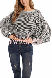 Knitted Striped Round Neck Dolman Sleeve Casual Loose Sweater