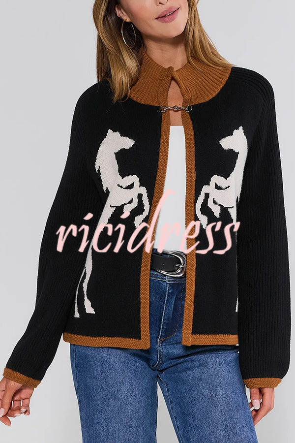 Stylish White Horse Pattern Casual Long-sleeved Knitted Cardigan