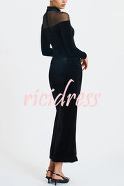 Fashionable Velvet and Mesh Spliced long-sleeved Slim-fit Maxi Dress