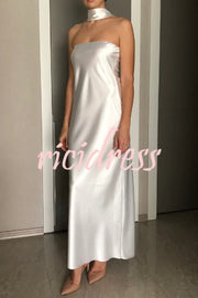 Satin Solid Color Elegant Strapless Slim Maxi Dress