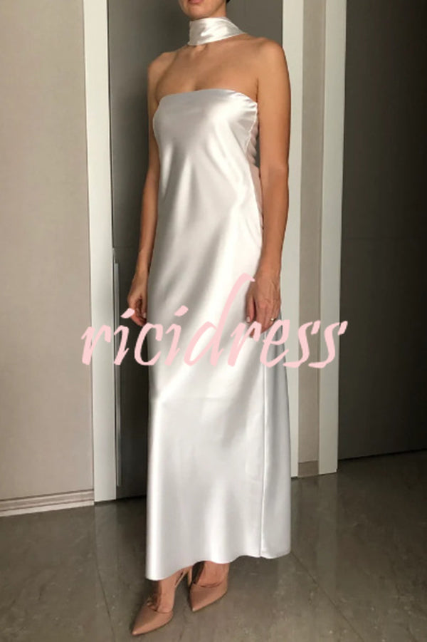 Satin Solid Color Elegant Strapless Slim Maxi Dress