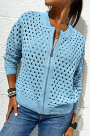 Solid Color Casual Knit Hollow Zipper Jacket