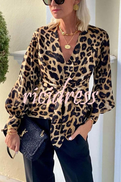 Janae Leopard Print Front Tie-up Lantern Sleeve Casual Blouse