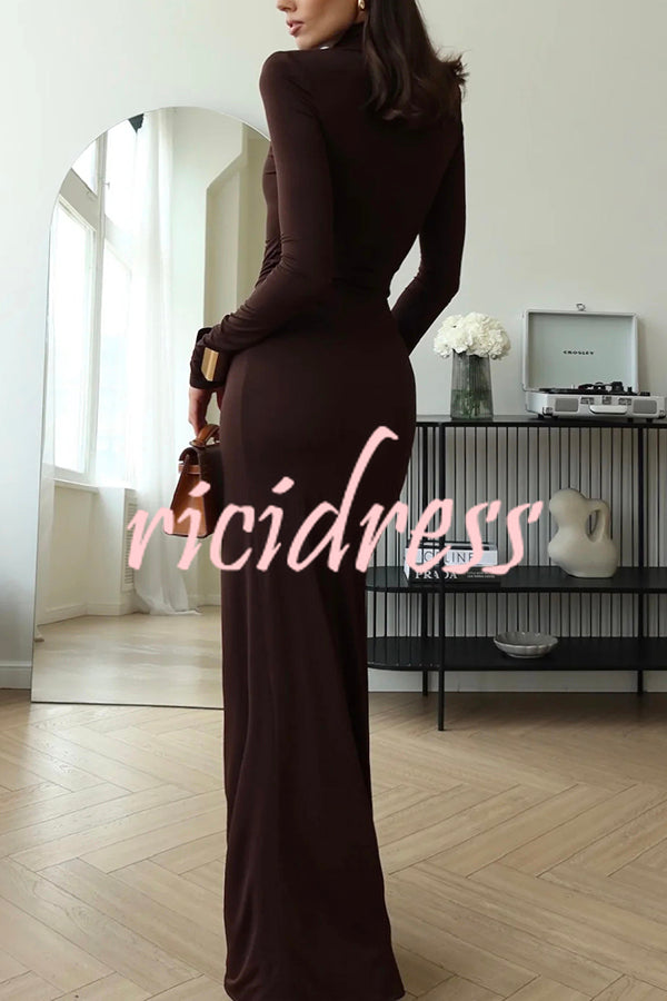 Luxe Silhouette High Neck Shoulder Pads Drape Stretch Maxi Dress