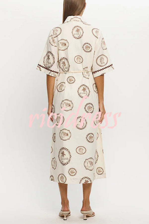 Resort Style Print Lapel Short Sleeves Casual Pocket Waist Tie Loose Midi Dress