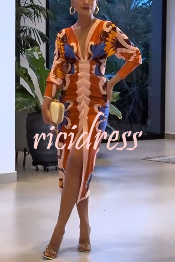 Bahamas Unique Print Dolman Long Sleeve Ruched Slit Midi Dress