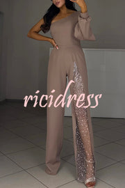 Carlisle One Shoulder Slit Lantern Sleeve Sequin Patchwork Wide Leg Party Jumpsuit