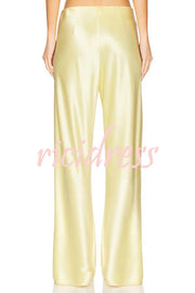 Odessa Satin Floral Lace Hem Strapless Tank and Mid Rise Wide Leg Pants Set