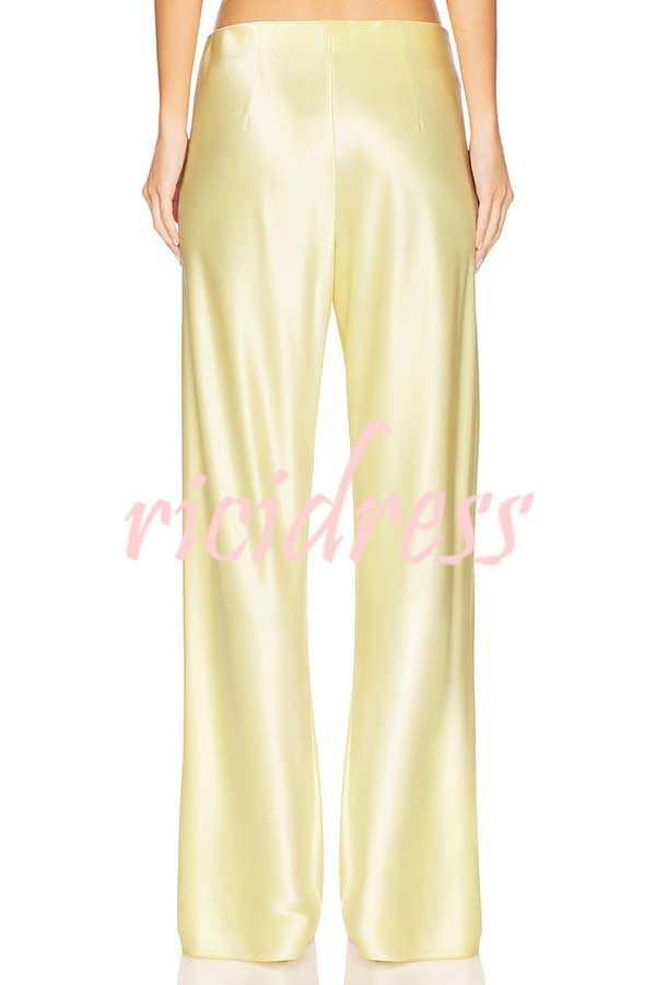 Odessa Satin Floral Lace Hem Strapless Tank and Mid Rise Wide Leg Pants Set