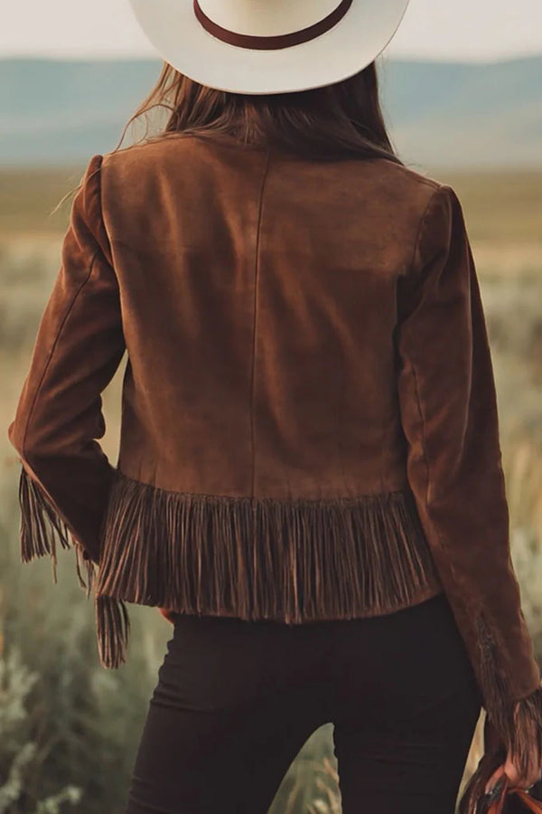 Retro-style Lapel Long-sleeved Tassel Casual Short Jacket