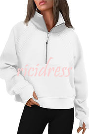 Stylish Patchwork Stand Collar Zippered Loose Pocket Sweatshirt