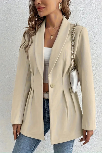 Solid Color Lapel Long Sleeve Elegant Pleated Waist Blazer