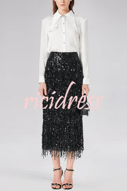 Evening Charm Layered Sequined Tassels High Rise Back Zipper Slit Midi Skirt