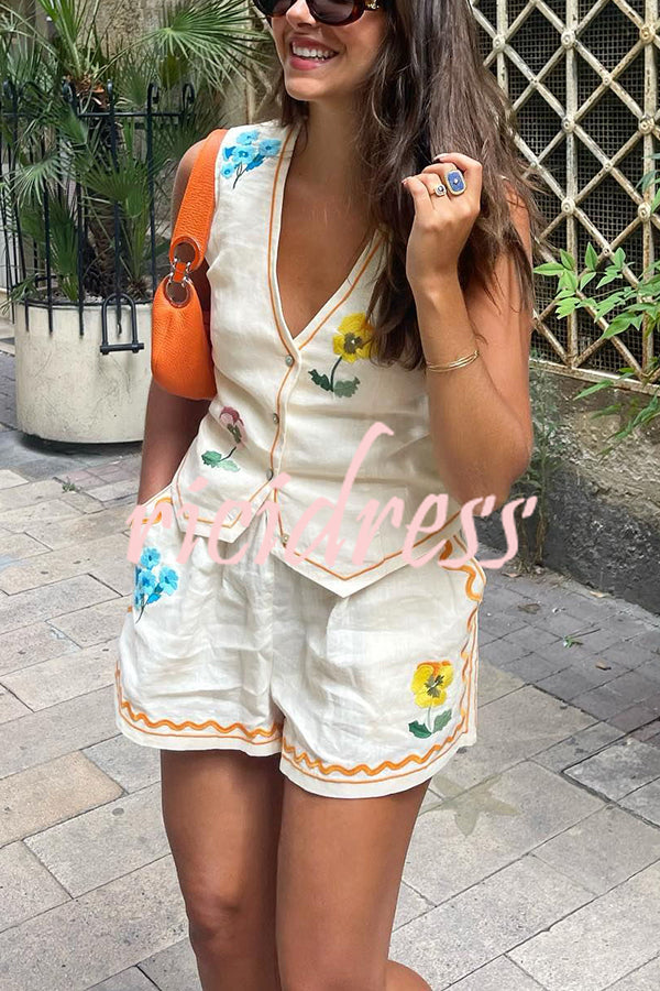 Summer Flower Printed Linen Blend Button Vest and Elastic Waist Pocketed Shorts Set