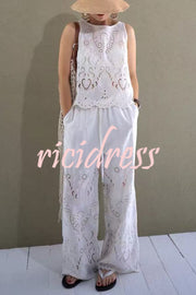Linen Blend Solid Color Embroidered Hollow Loose Vest and Elastic Waist Casual Pocket Wide Leg Pants Set