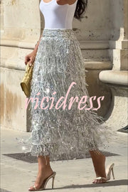 Evening Charm Layered Sequined Tassels High Rise Back Zipper Slit Midi Skirt