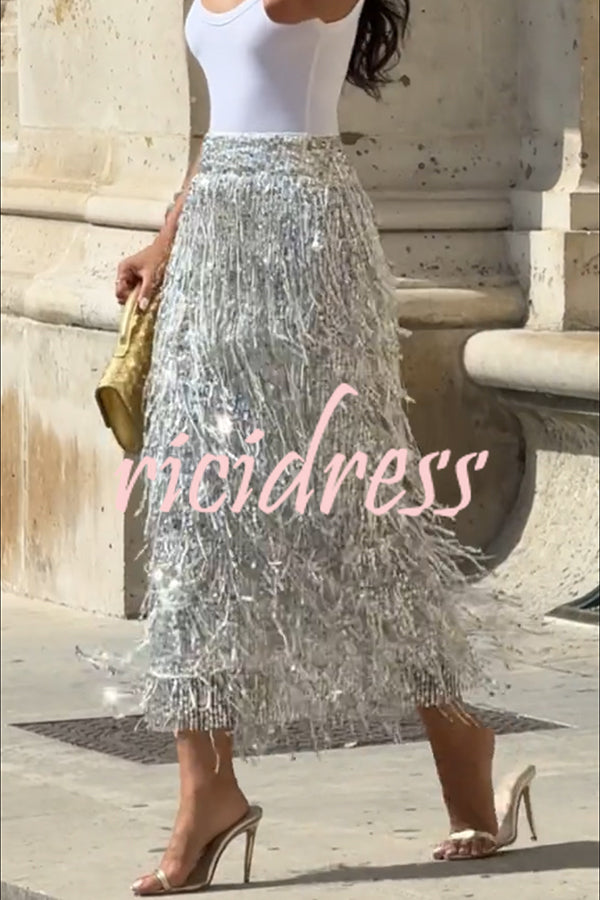 Evening Charm Layered Sequined Tassels High Rise Back Zipper Slit Midi Skirt