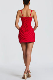 Cornelia Square Neck Back Lace-up Satin Drape Hem Mini Dress